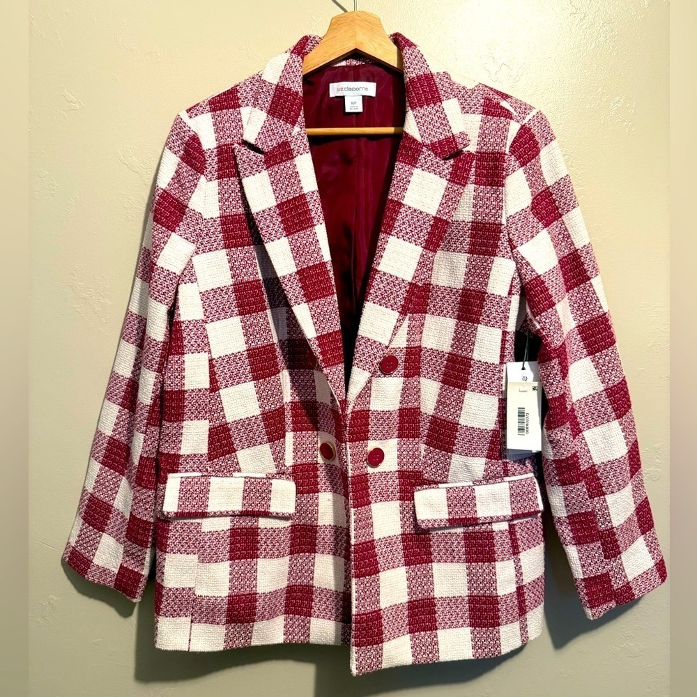 Liz Claiborne Women’s Rose Checkered Jacket Tweed Plaid Size 16P Wool Blend NWT